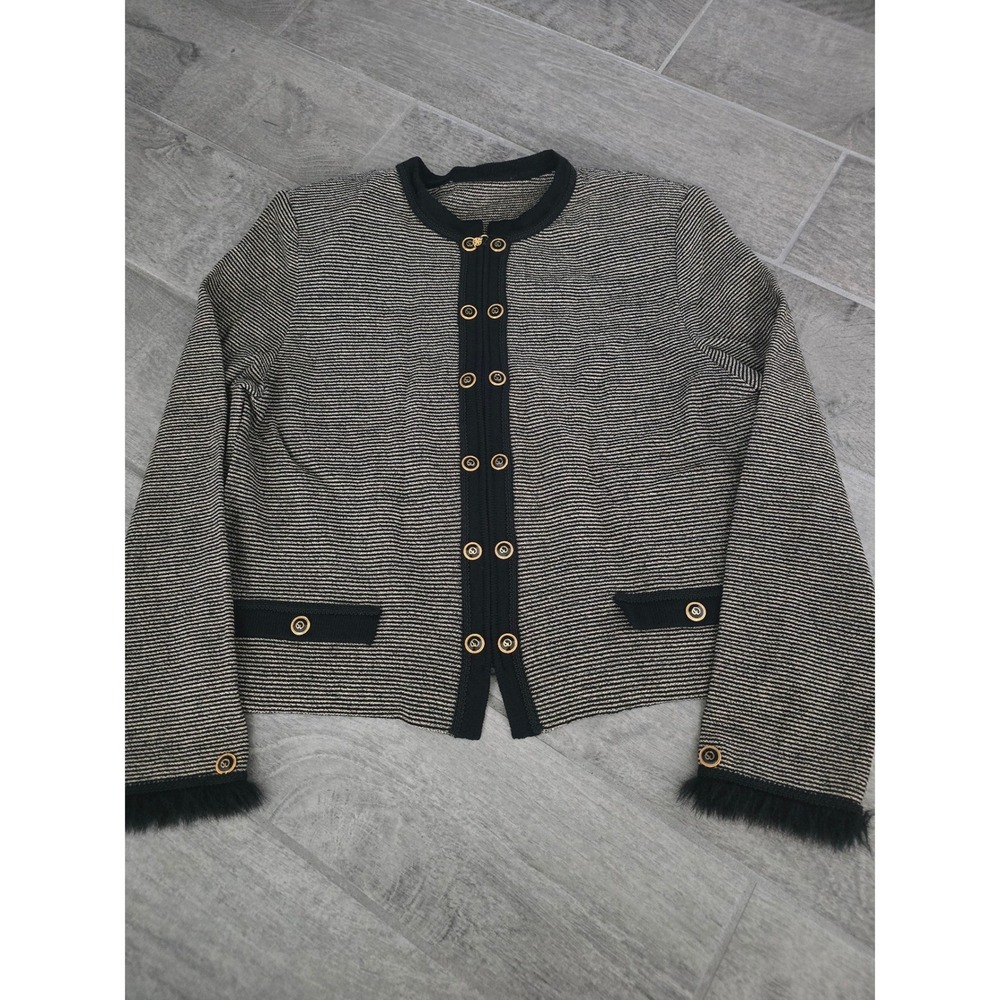St John Knits Wool Blend Jacket Black Cream Stripe Fur Trim Gold Logo Buttons